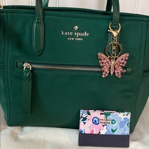 Kate Spade Chelsea nylon bag deep jade.w/kate card holder &charm & Kate dust bag